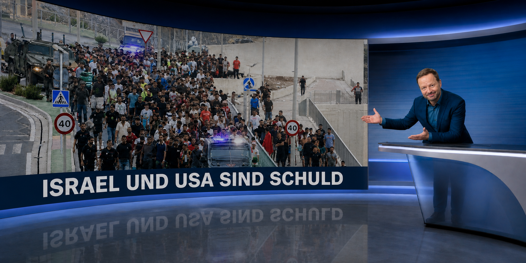 KI-Satire: Georg Restle präsentiert in einem erfundenen Fernsehstudio vor Bildern aus Ceuta die Einblendung Israel und USA sind schuld