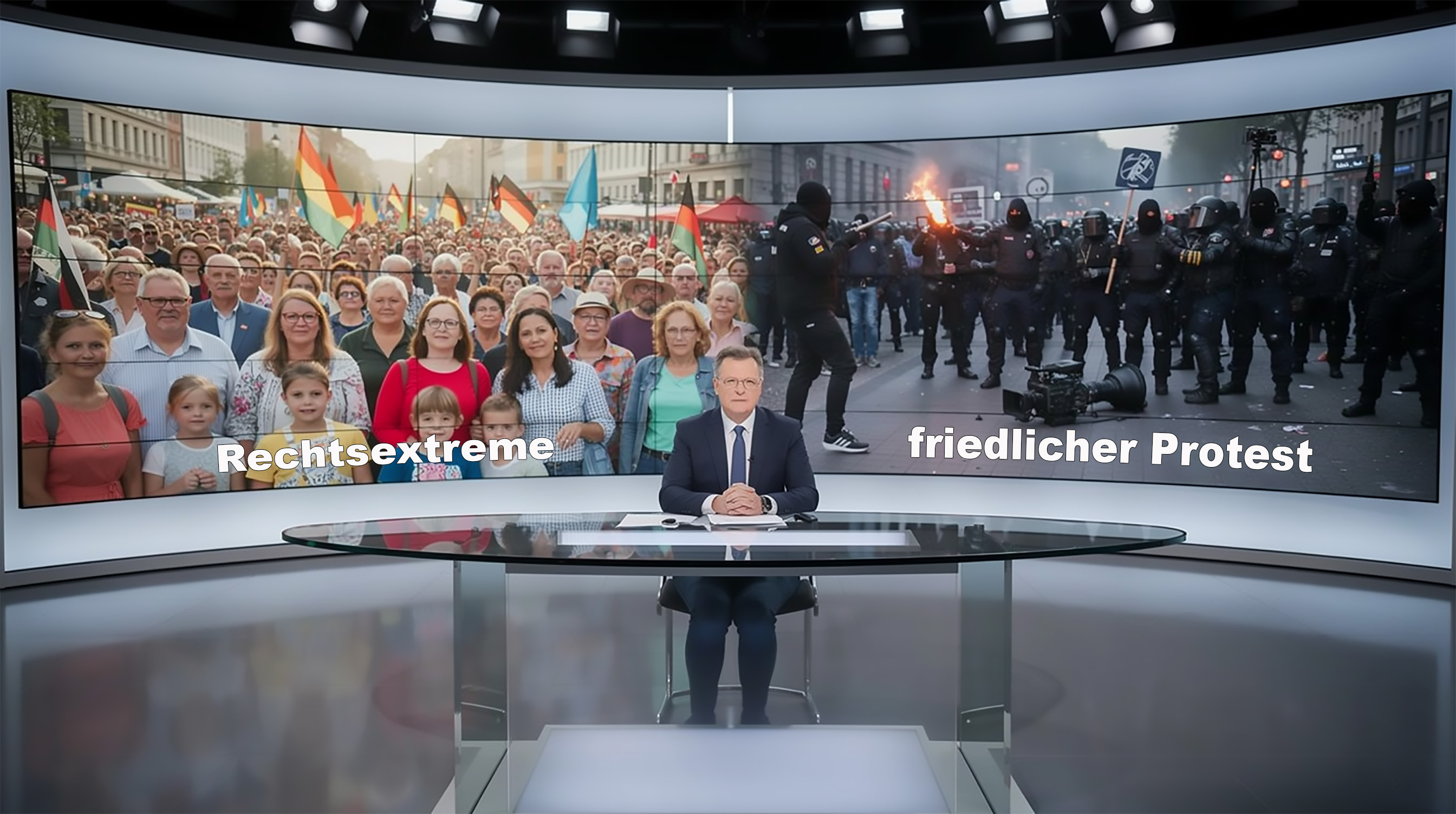 KI-Satire: Ein Nachrichtensprecher sitzt vor einer gebogenen Studiowand, auf der eine friedliche Demonstration als rechtsextrem und gewaltsame Ausschreitungen als friedlicher Protest bezeichnet werden
