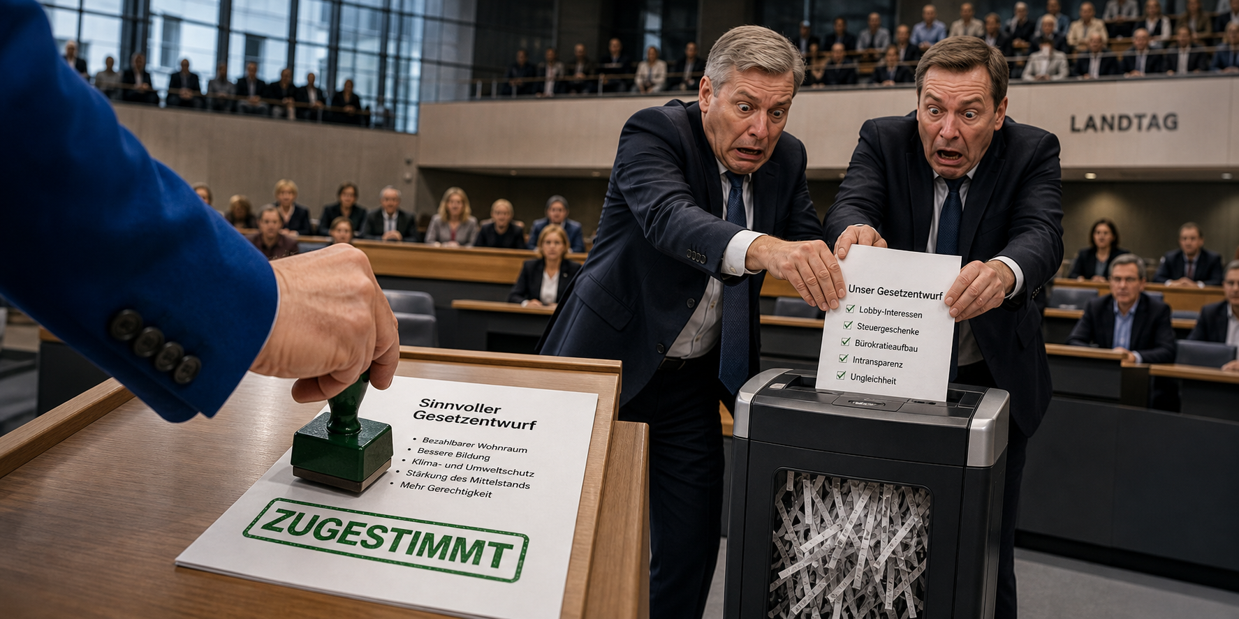 KI-Satire: Im Parlament wird ein Antrag mit Zugestimmt gestempelt, während zwei Politiker denselben Antrag erschrocken in einen Aktenvernichter schieben