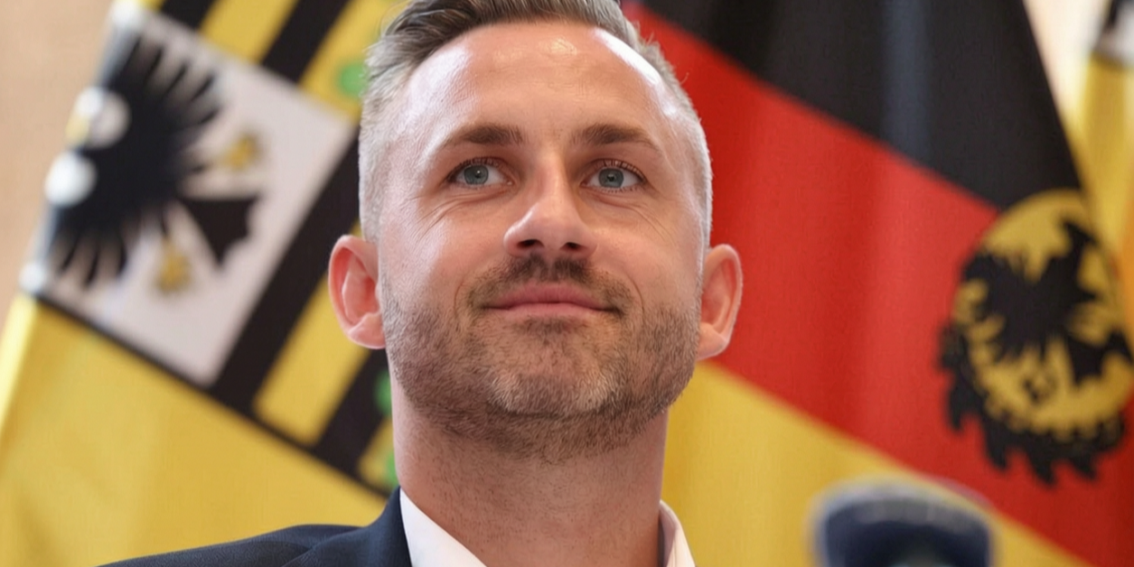 Ulrich Siegmund vor den Flaggen Deutschlands und Sachsen-Anhalts