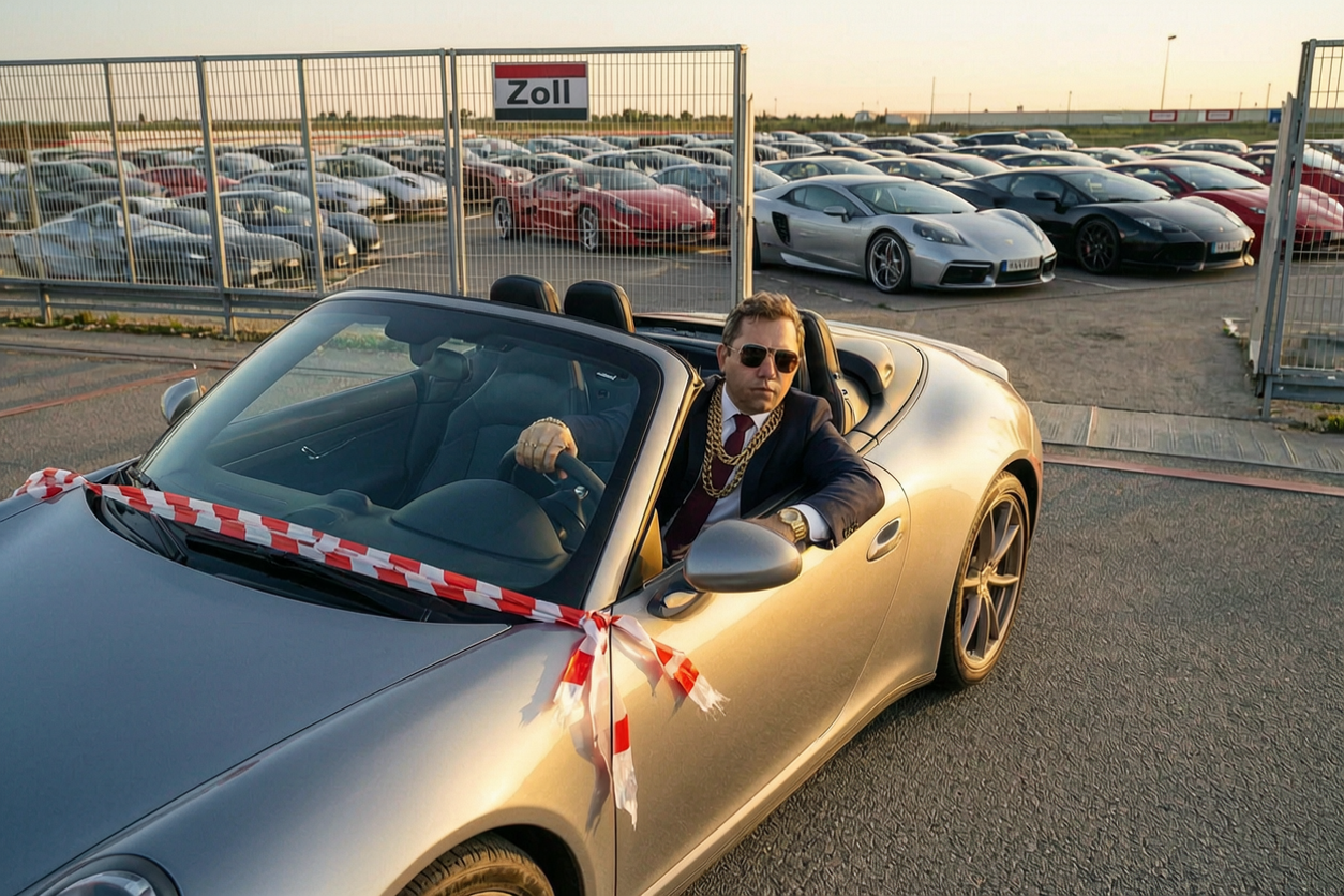 KI-Satire: Lars Klingbeil fährt mit Goldketten und Luxusuhr in einem Porsche-Cabrio aus einem eingezäunten Zollgelände; zerrissenes Absperrband liegt auf dem Auto