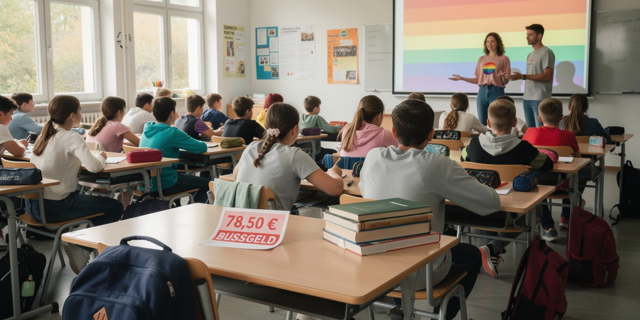 Volle Schulklasse bei einem LGBTQ-Workshop; auf einem leeren Tisch liegt ein Bußgeldbescheid