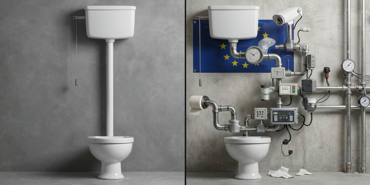 KI-Satire: Links eine einfache Toilette, rechts eine mit EU-Flagge, Rohren, Messgeräten und Überwachungskamera überladene Toilette