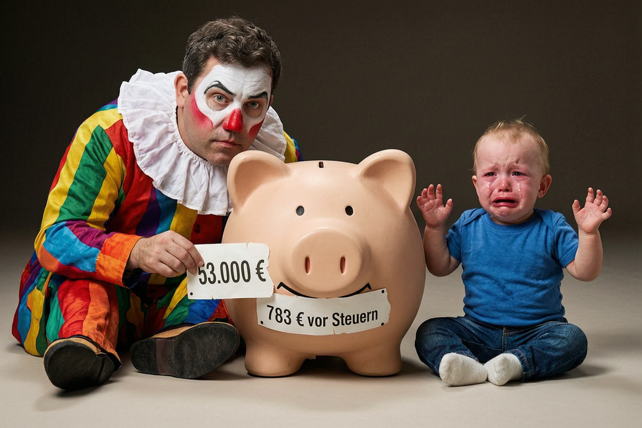 KI-Satire: Lars Klingbeil als Clown zieht von einem übergroßen Sparschwein ein Etikett mit 53.000 Euro ab; darunter erscheint 783 Euro vor Steuern, daneben sitzt ein weinendes Kleinkind