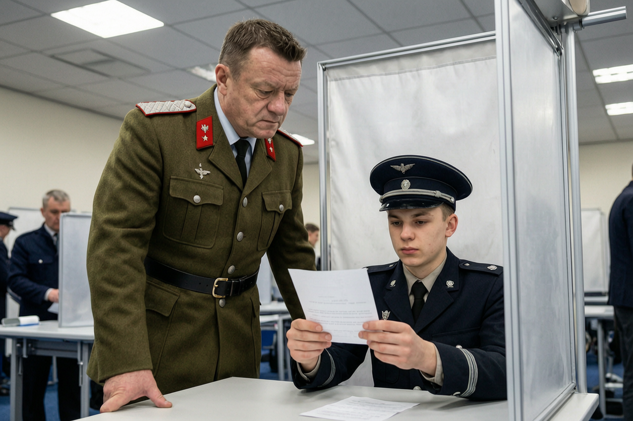 KI-Satire: Ein früherer DDR-Politoffizier blickt einem heutigen Polizisten in einer Wahlkabine über die Schulter