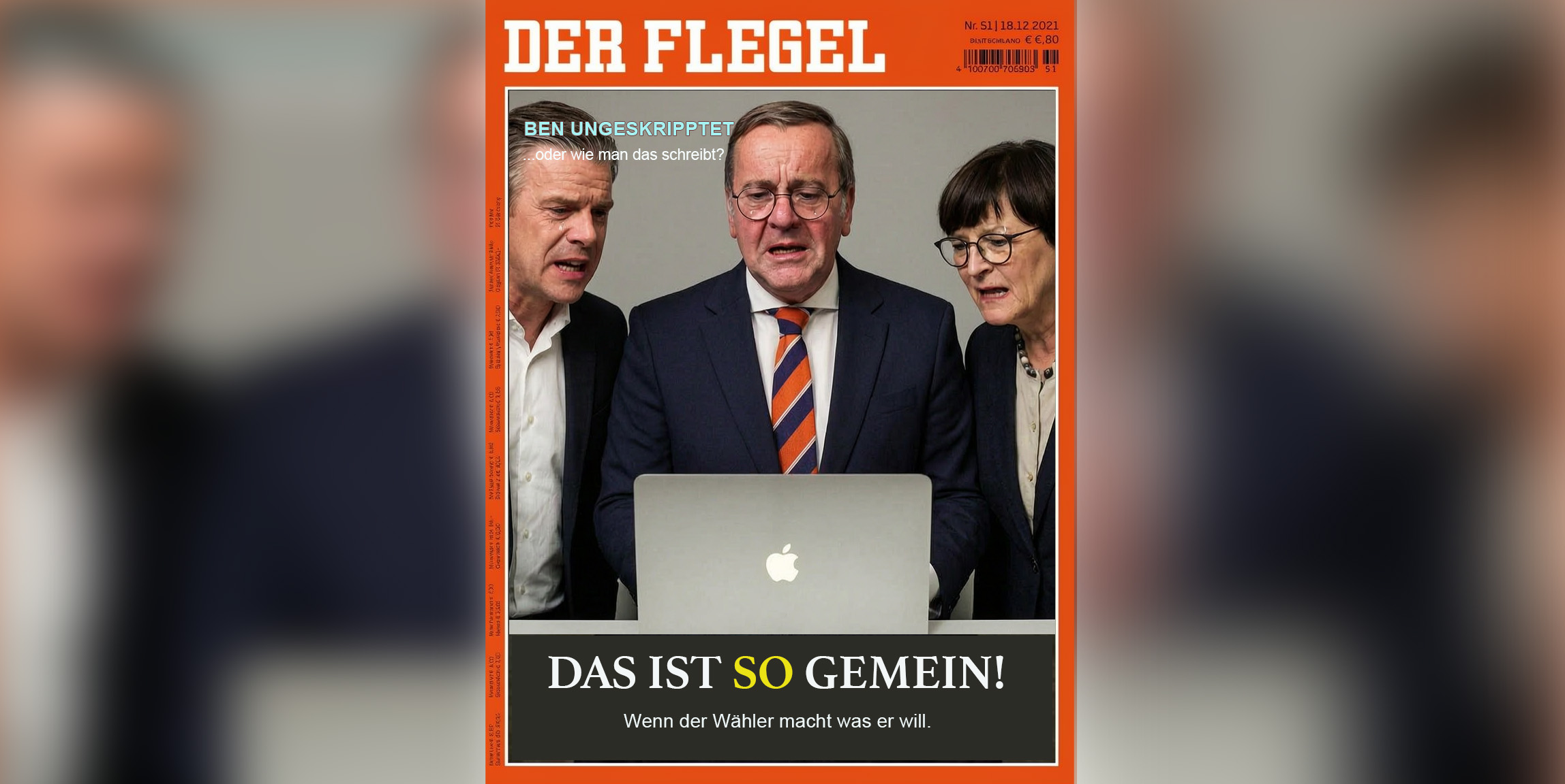 KI-Satire: Markus Lanz, Boris Pistorius und Saskia Esken blicken auf einen Laptop; das erfundene Magazin DER FLEGEL nennt Ben absichtlich ungeskripptet