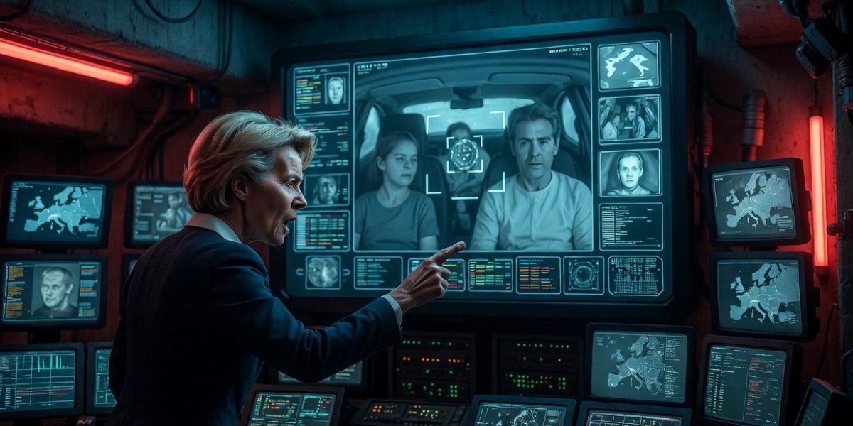 KI-Satire: Ursula von der Leyen steht in einer Überwachungszentrale vor dem erfassten Bild einer Familie