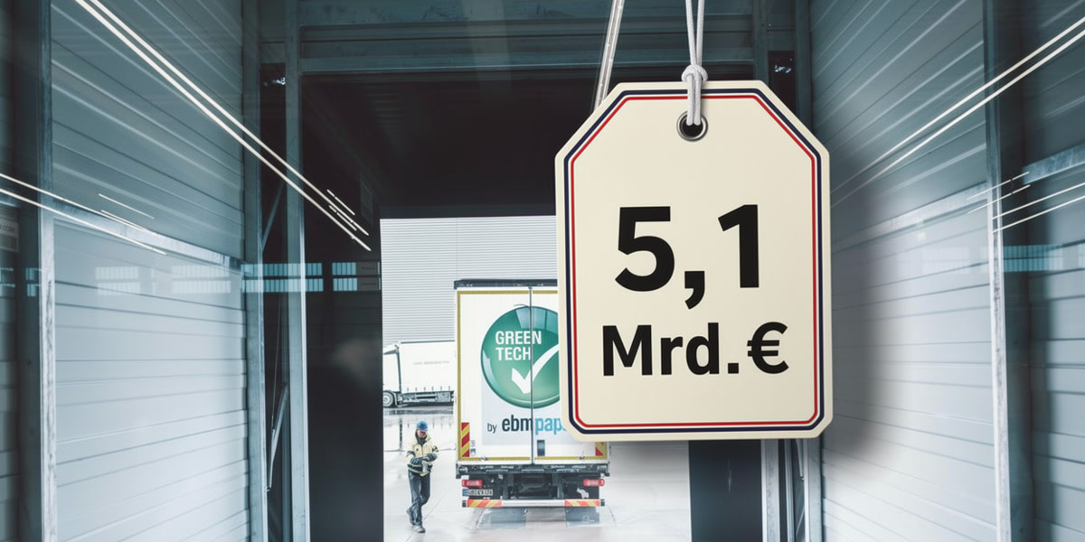 KI-Illustration: Ein Preisschild mit 5,1 Milliarden Euro hängt vor einem Lastwagen des Ventilatorenherstellers ebm-papst