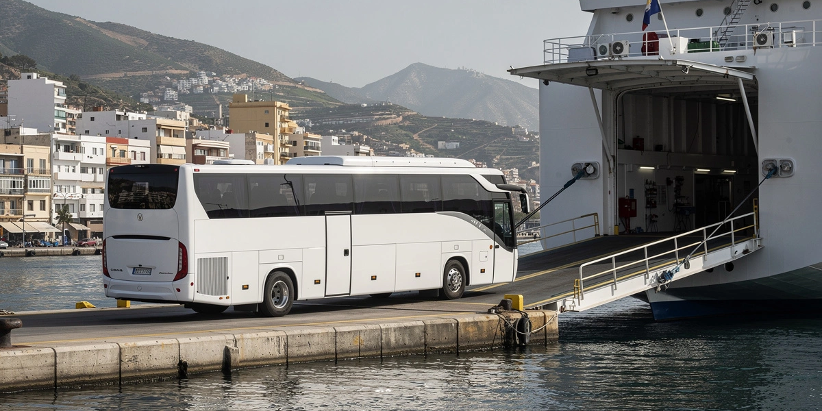 KI-Illustration: Ein weißer Reisebus fährt im Hafen von Ceuta auf eine Fähre