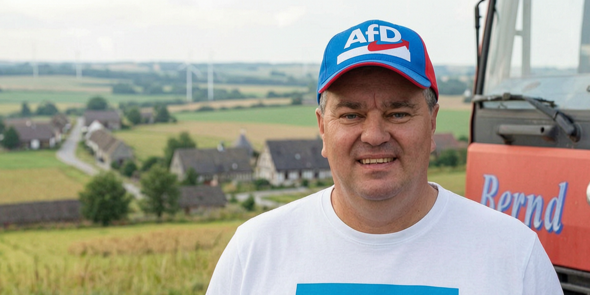 KI-Satire: Bernd Prange mit AfD-Kappe und AfD-Shirt vor einem Dorf in Sachsen-Anhalt