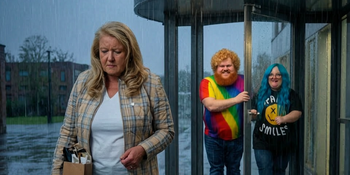 KI-Satire: Martina Müller geht im Regen mit einer Kiste persönlicher Dinge von einem Hospiz weg, während zwei selbstzufriedene Figuren hinter ihr die Drehtür schließen