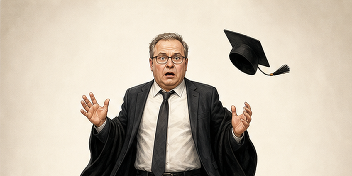 KI-Satire: Mario Voigt blickt erschrocken, während sein Doktorhut davonfliegt