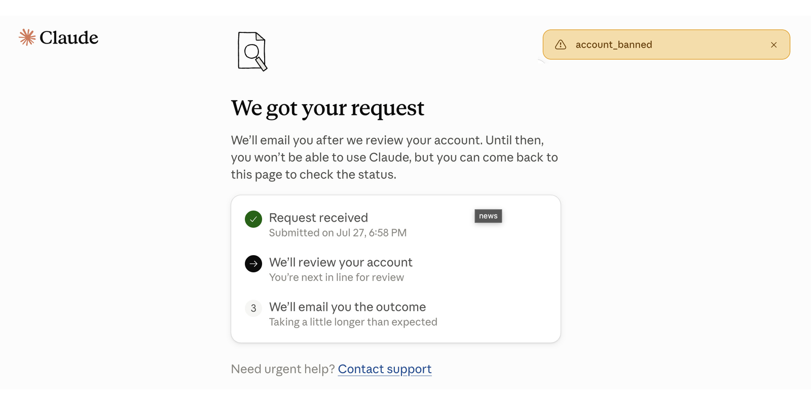Screenshot of Claude's account-review page with the yellow account_banned notice, saying access remains blocked until the review is complete