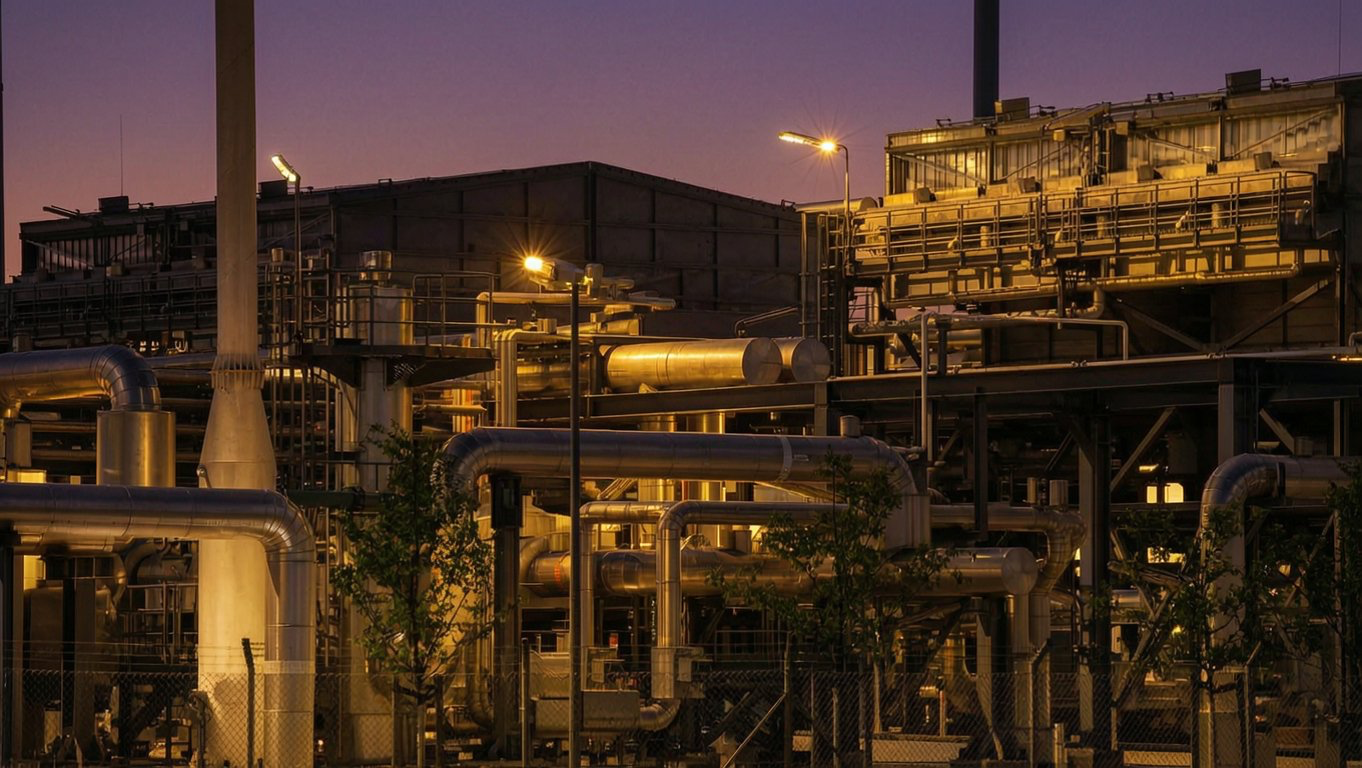 KI-Illustration einer beleuchteten Gas-Infrastruktur mit Rohren und Industrieanlagen