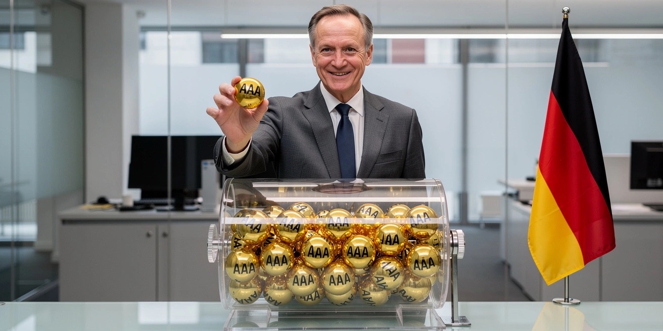 KI-Satire: Ein Ratingprüfer zieht eine goldene AAA-Kugel aus einer Trommel voller AAA-Kugeln