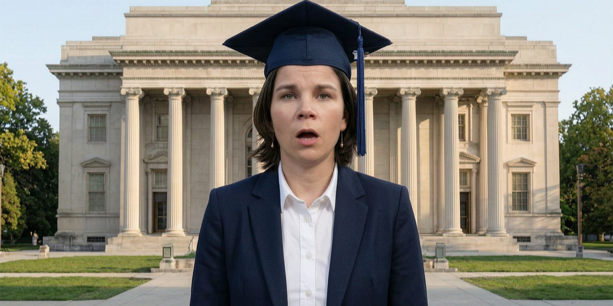 KI-Satire: Annalena Baerbock mit Doktorhut vor einem neoklassizistischen Universitätsgebäude