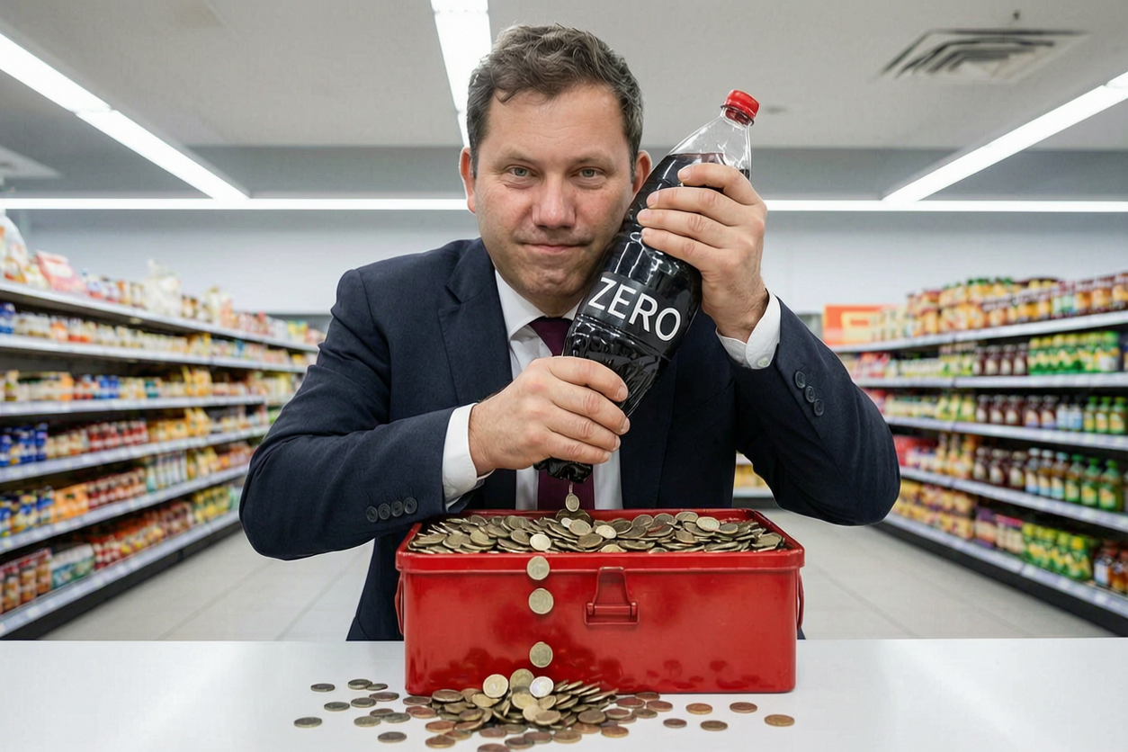 KI-Satire: Lars Klingbeil presst Münzen aus einer Zero-Getränkeflasche in eine rote Geldkassette