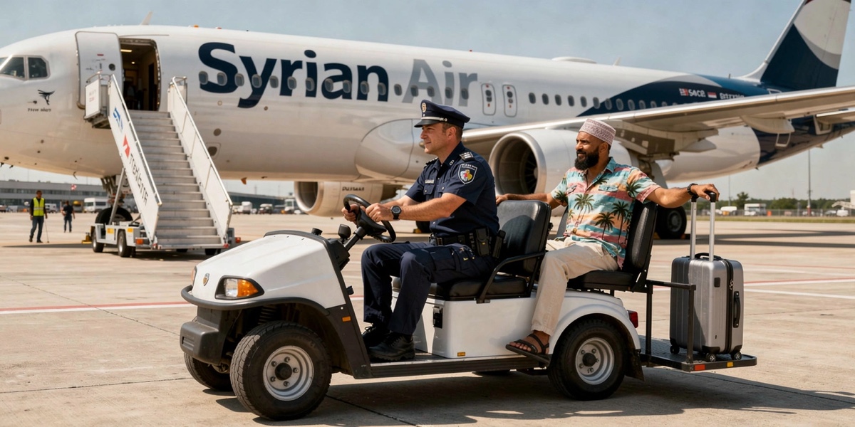 KI-Satire: Ein Polizist chauffiert einen entspannten Urlauber mit Koffer auf einem Flughafenfahrzeug zu einem Passagierflugzeug