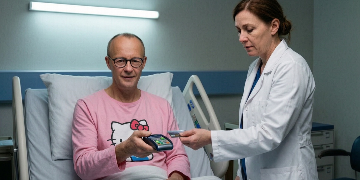 KI-Satire: Friedrich Merz liegt im rosa Katzenpyjama im Krankenhausbett und kassiert per Kartenlesegerät eine erschöpfte Ärztin ab