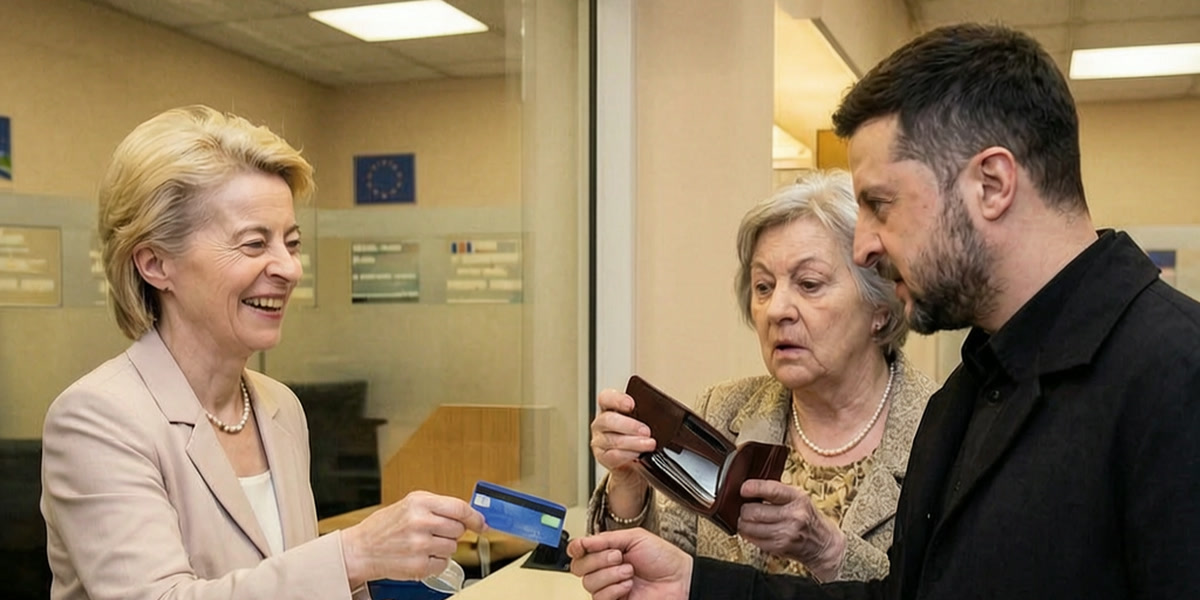 KI-Satire: Ursula von der Leyen reicht Wolodymyr Selenskyj am Bankschalter eine Karte, während eine ältere Sparerin ihr Portemonnaie öffnet