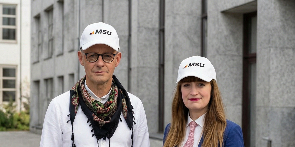 KI-Satire: Friedrich Merz und eine Politikerin stehen mit weißen MSU-Kappen vor einem Regierungsgebäude; Merz trägt ein weißes Hemd und einen gemusterten Schal