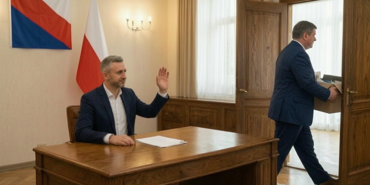 KI-Satire: Ulrich Siegmund sitzt hinter dem Schreibtisch des Ministerpräsidenten und winkt, während Sven Schulze mit einer Kiste das Büro verlässt