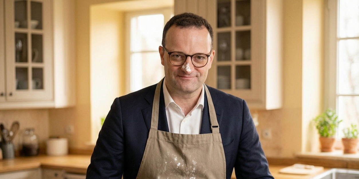 KI-Satire: Jens Spahn steht mit Schürze und Mehl unter der Nase in einer Küche