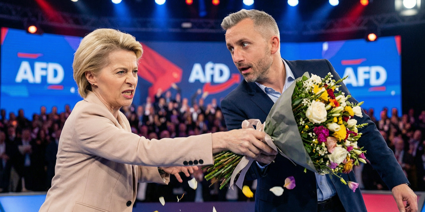 KI-Satire: Ursula von der Leyen entreißt dem verblüfften Ulrich Siegmund auf einer AfD-Wahlparty den Siegerblumenstrauß