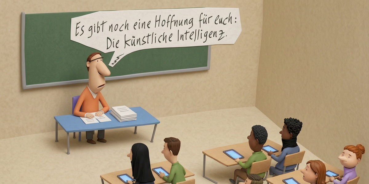 KI-Satire: Ein Lehrer erklärt einer Schulklasse mit Tablets, ihre letzte Hoffnung sei künstliche Intelligenz