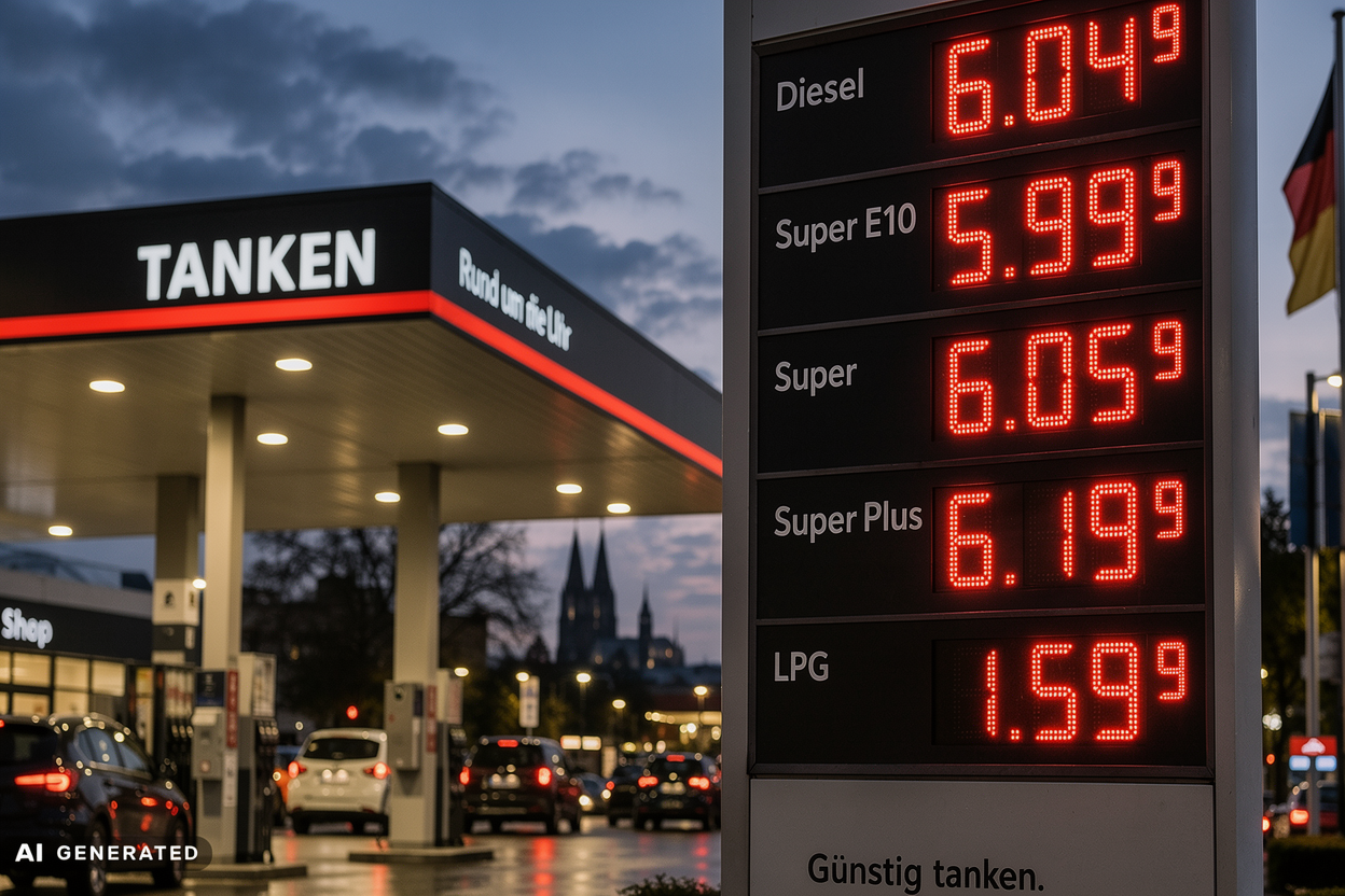 KI-Satire: Eine deutsche Tankstelle zeigt Fantasiepreise von rund sechs Euro pro Liter