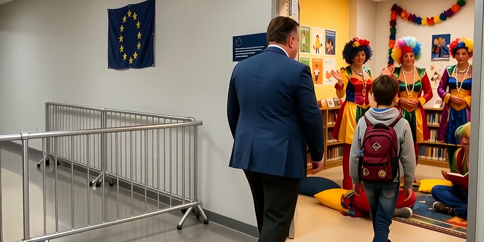 KI-Satire: Ein EU-Beamter weist einen Jungen in einen Raum mit einer Drag-Vorlesestunde