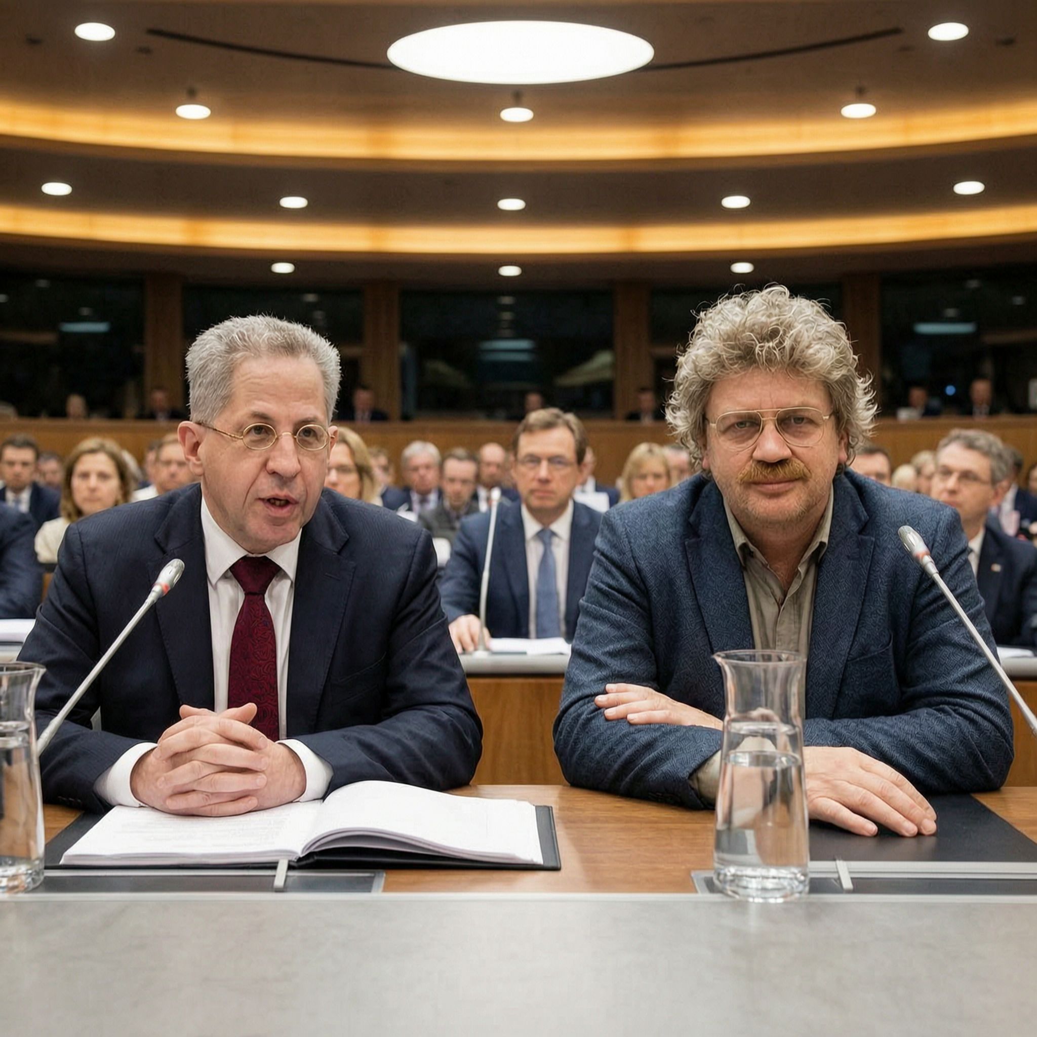 Zwei Sachverstaendige sitzen nebeneinander an einem Tisch in einem Ausschusssaal, links ein Mann im Anzug mit Krawatte am Mikrofon, rechts ein Mann mit lockigem grauem Haar und Schnauzbart mit verschraenkten Armen, im Hintergrund besetzte Zuschauerreihen