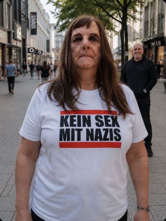 Eine Person auf einer Einkaufsstraße trägt ein weißes T-Shirt mit der Aufschrift Kein Sex mit Nazis