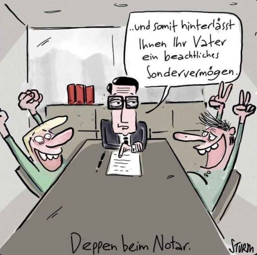 Cartoon: Zwei jubelnde Erben sitzen beim Notar, der ihnen ein beachtliches Sondervermögen ihres Vaters ankündigt