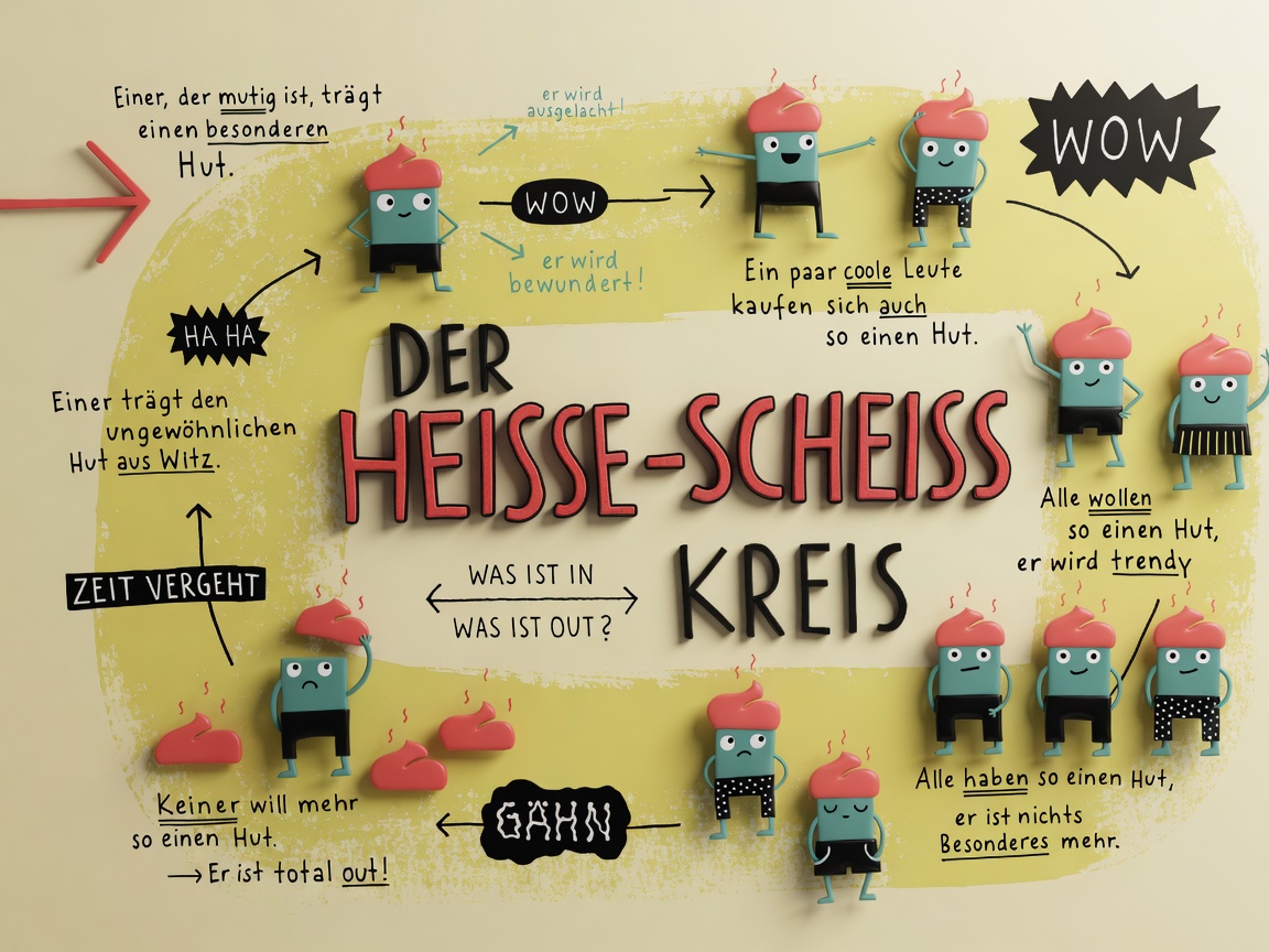 Illustrierter Kreislauf: Ein ungewöhnlicher Hut wird bewundert, zum Trend und schließlich wieder aussortiert