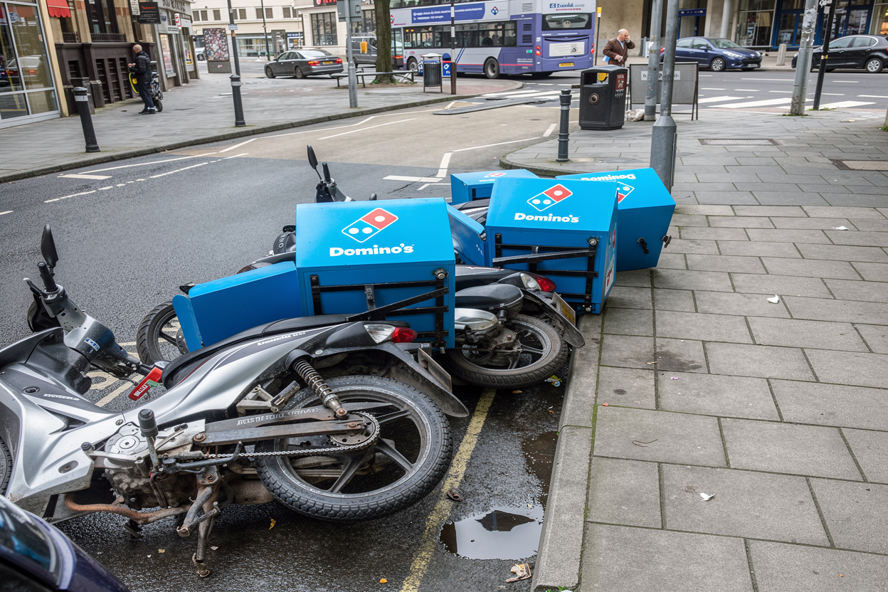 Mehrere umgestürzte Domino's-Liefermopeds liegen hintereinander am Straßenrand in London