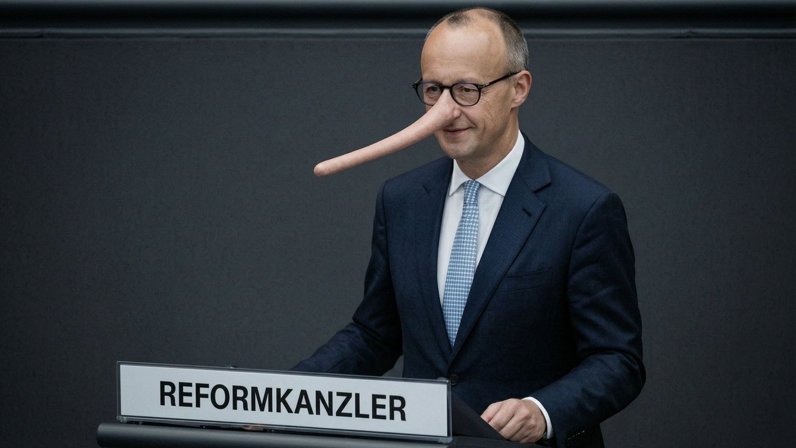 Satirische Fotomontage von Friedrich Merz am Rednerpult mit einem Reformkanzler-Schild und langer Pinocchio-Nase