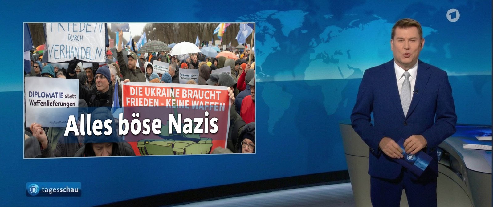 Satirische Studio-Grafik: Friedensdemonstranten mit der Einblendung Alles boese Nazis